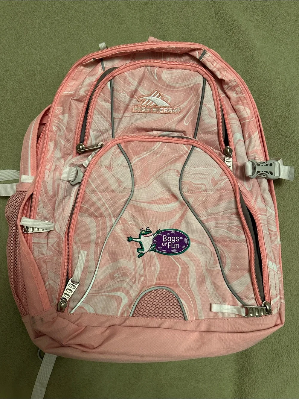 High Sierra Pink Swirl Backpack with Bags of Fun Patch